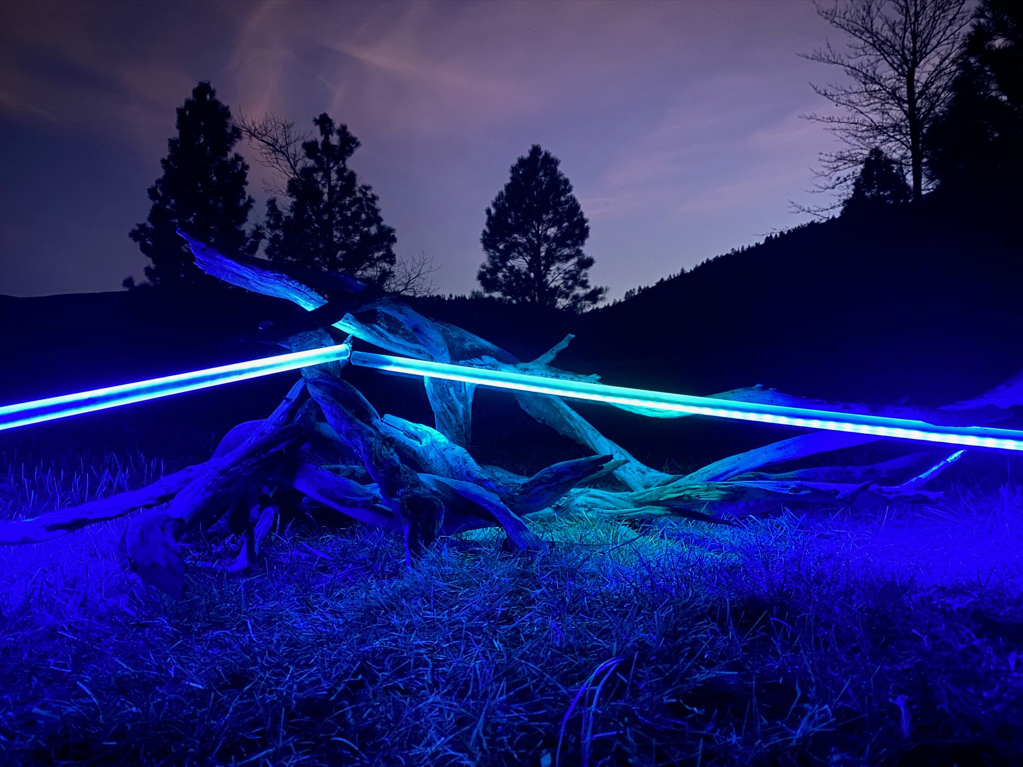blue lights against dark dusk sky